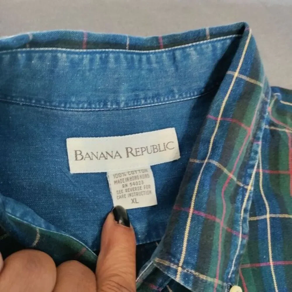 Banana‎ Republic Blue/Black/Green Plaid Men XL Button Down Long Sleeve Shirt Y2K